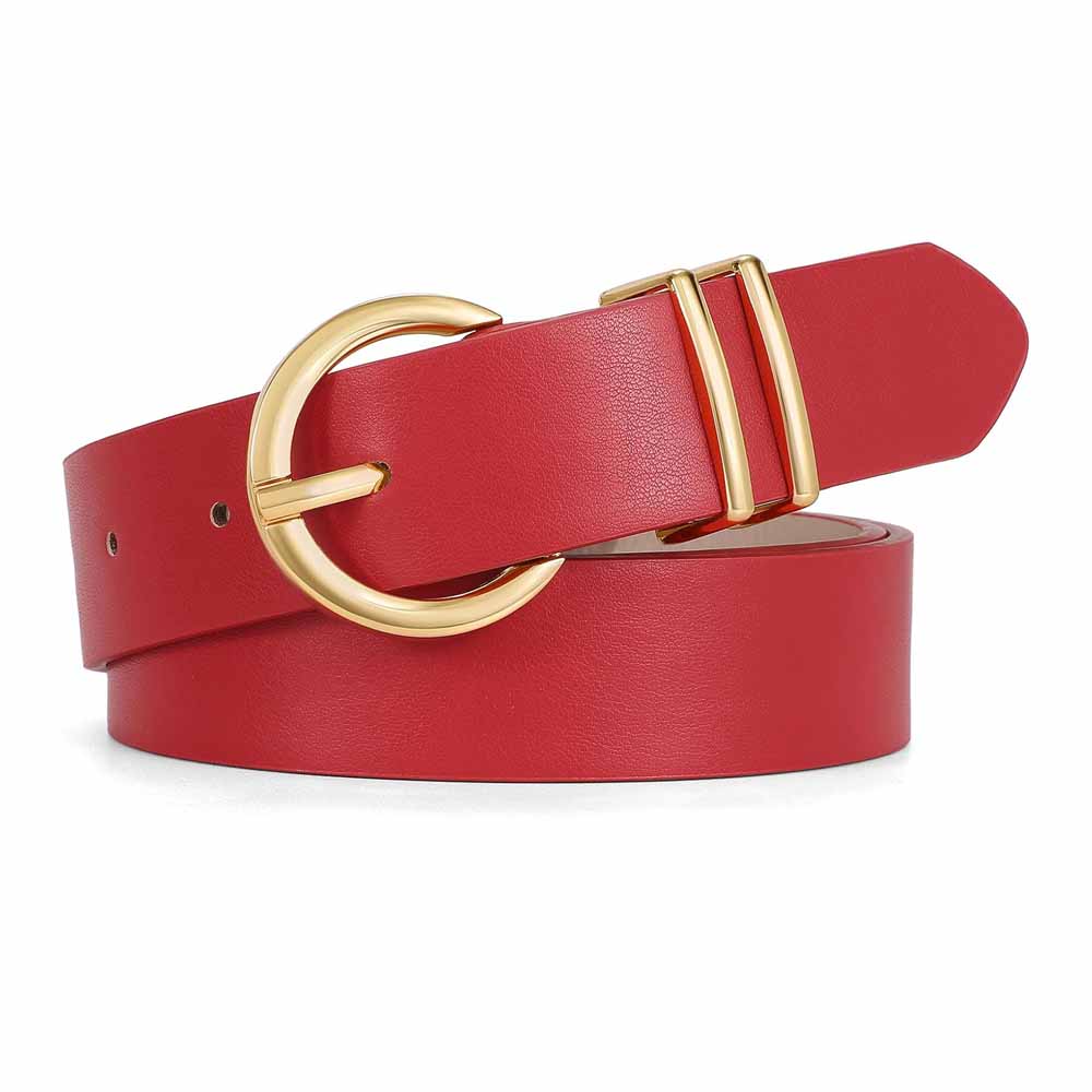 Vibrant Red Smooth Leather Statement Belt with Gold Fashion Buckle Vibrant Red Leather Statement Belt with Gold Fashion Buckle - Image 1